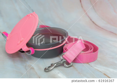 Plastic bowl with leashes of pink for dog or cat. Plastic bowl with leashes of pink for dog or cat. 61916167