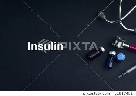 Stethoscope, Vial, and Syringe with words INSULIN Stethoscope, Vial, and Syringe with words INSULIN 61917491