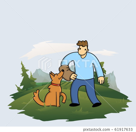 Cartoon man training his funny dog on forest and mountains background. Man and dog playing together. Flat vector illustration. Cartoon man training his funny dog on forest and mountains background. Man and dog playing together. Flat vector illustration. 61917633