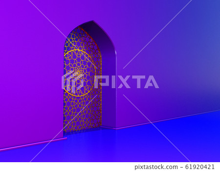 Golden arabic ornament on the purple wall with islamic door. 3D illustration Golden arabic ornament on the purple wall with islamic door. 3D illustration 61920421