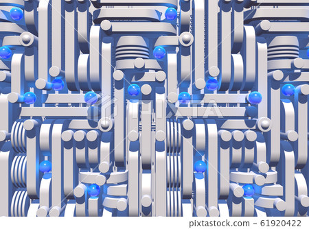 White industrial or technology abstraction with shiny blue balls and connection pipes. 3D illustration White industrial or technology abstraction with shiny blue balls and connection pipes. 3D illustration 61920422
