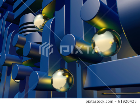 Blue industrial or technology abstraction with shiny golden balls and connection pipes. 3D illustration Blue industrial or technology abstraction with shiny golden balls and connection pipes. 3D illustration 61920423