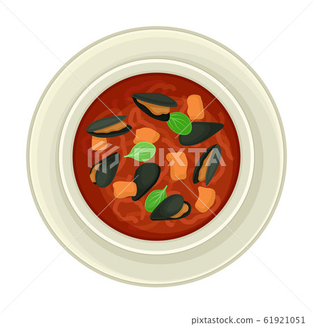 Cream Soup with Seafood Served in Bowl Top View Vector Illustration 61921051