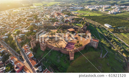 Silves village at the medieval fair, aerial view of the historic castle. Portugal Algarve 61921520