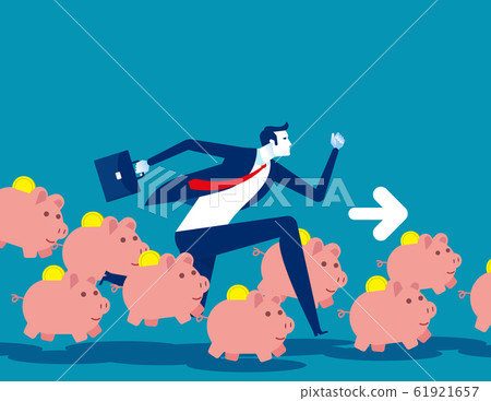 Saving money concept, Running with piggy bank, 61921657