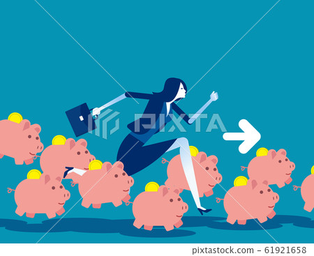 Saving money concept, Running with piggy bank, 61921658