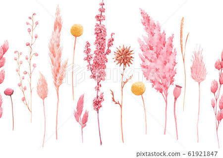 Beautiful seamless pattern with watercolor herbarium wild dried grass in pink and yellow colors. Stock illustration. 61921847