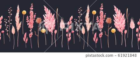 Beautiful seamless pattern with watercolor herbarium wild dried grass in pink and yellow colors. Stock illustration. 61921848