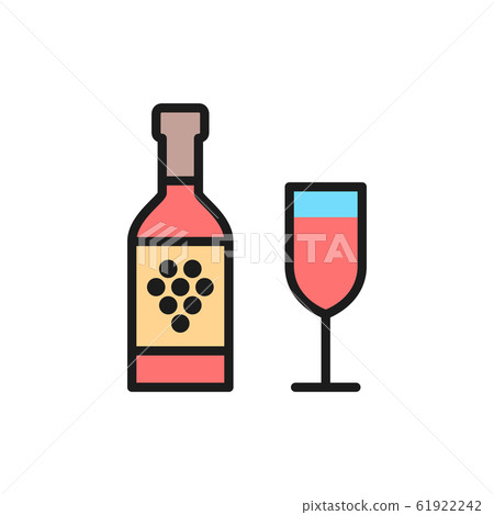 Bottle of wine with glass flat color line icon. 61922242