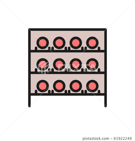 Wine cellar, bottles on the shelves, wine cabinet flat color line icon. Wine cellar, bottles on the shelves, wine cabinet flat color line icon. 61922248