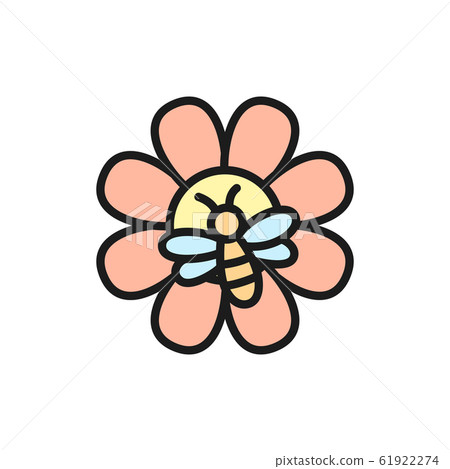 Bee on flower, apiary, beekeeping flat color line icon. 61922274
