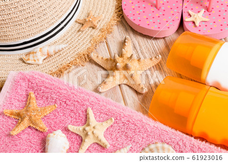 flip flops, straw hat, starfish, sunscreen bottle, flip flops, straw hat, starfish, sunscreen bottle, 61923016