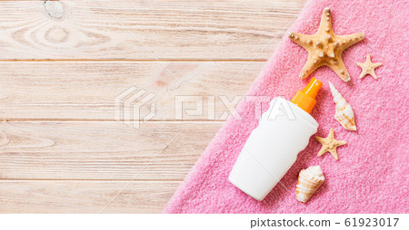 Beach flat lay accessories with copy space. Pink Beach flat lay accessories with copy space. Pink 61923017