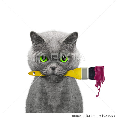 Cat as a painter with brush and red color. Isolated on white Cat as a painter with brush and red color. Isolated on white 61924055