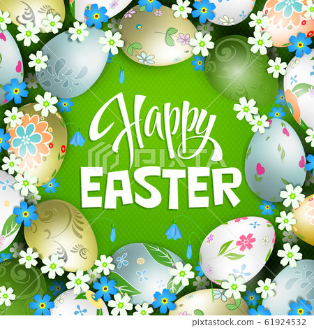 Easter composition with beautiful eggs and flowers drawn in a circle 61924532