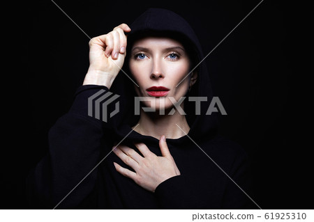 beautiful woman in hood. red lips woman beautiful woman in hood. red lips woman 61925310