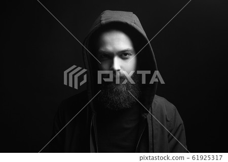 Fashionable Man In Hood. Bearded Handsome Boy 61925317