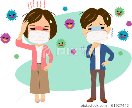 由於各種病毒(帶口罩)的影響而不適的男人和女人 由於各種病毒(帶口罩)的影響而不適的男人和女人 61927442