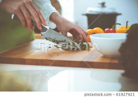 Unknown human hands cooking in kitchen. Woman is busy with vegetable salad. Healthy meal, and vegetarian food concept 61927921