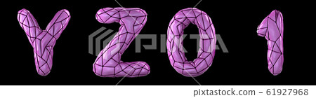 Realistic 3D letters set Y, Z, 0, 1 made of low poly style. Collection symbols of low poly style pink color plastic isolated on black background 61927968