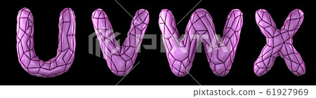 Realistic 3D letters set U, V, W, X made of low poly style. Collection symbols of low poly style pink color plastic isolated on black background Realistic 3D letters set U, V, W, X made of low poly style. Collection symbols of low poly style pink color plastic isolated on black background 61927969