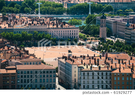 Lyon panorama elevated view on sunny day. Aerial panoramic view of Lyon with the skyline. Bellecour Square And Place Poncet, Lyon, France 61929277