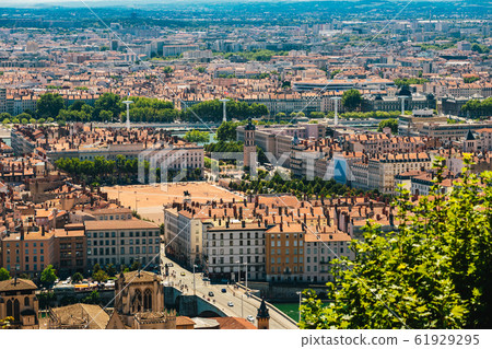 Lyon panorama elevated view on sunny day. Aerial panoramic view of Lyon with the skyline. Bellecour Square And Place Poncet, Lyon, France 61929295