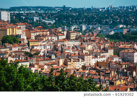 Lyon panorama elevated view on sunny day. Aerial panoramic view of Lyon with the skyline. 61929302