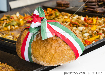 Traditional festive Hungarian bread tied with the flag of Hungary. 61931144
