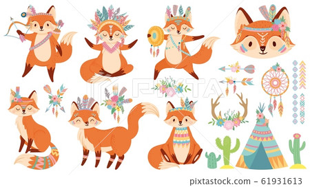 Tribal fox. Cute foxes, indian feather warbonnet and wild animal cartoon vector illustration set 61931613