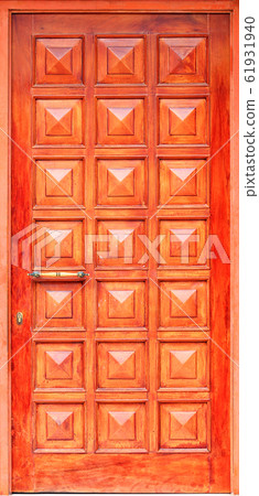 Old orange wooden entrance doors with a bronze 61931940