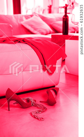 Love story. Female stylish fashion outfit: red dress, shoes, jewelry in interior background with Love story. Female stylish fashion outfit: red dress, shoes, jewelry in interior background with 61932635