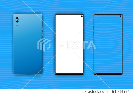 Set Mock-up of realistic Smartphones. Two modern telephones. Front side with white and transparent screen and back side with cameras isolated on background with shadow. Flat vector illustration EPS 10 61934535