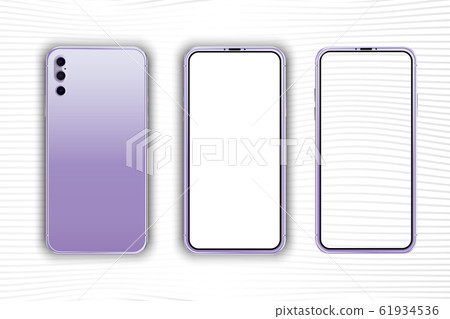Set Mock-up of realistic Smartphones. Two modern telephones. Front side with white and transparent screen and back side with cameras isolated on background with shadow. Flat vector illustration EPS 10 61934536