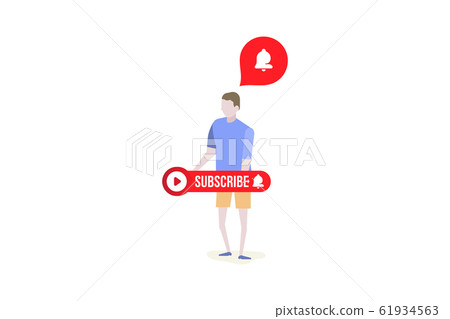 Subscribe button with bell icon. Man holds red button in his hands for channel and video blog in social media on white background. Flat vector illustration EPS10 61934563