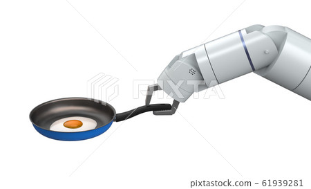 chef robot hold frying pan 61939281