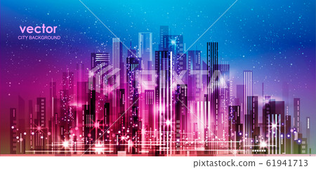 Vector night city illustration with neon glow and 61941713