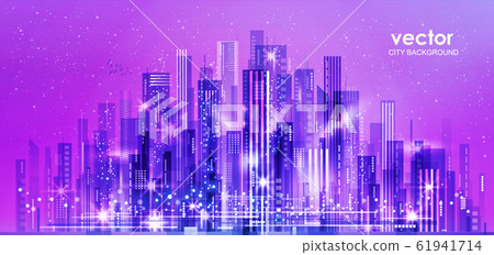 Vector night city illustration with neon glow and 61941714