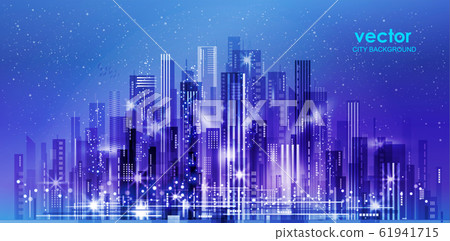 Vector night city illustration with neon glow and 61941715