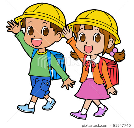 Elementary school boys and girls walking with their school bags on their backs Elementary school boys and girls walking with their school bags on their backs 61947740