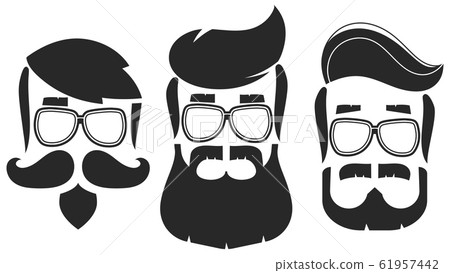 Hipster Hair And Beards With Sunglasses Set. 61957442