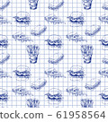 Hand drawn fast food pattern. Burger, pizza, french fries detailed illustrations. Great for school cafe menu or banner. Squared paper. 61958564