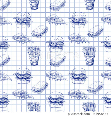 Hand drawn fast food pattern. Burger, pizza, french fries detailed illustrations. Great for school cafe menu or banner. Squared paper. 61958564