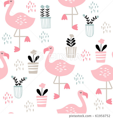 Seamless pattern with cute drawn pink flamingos 61958752