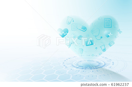 Health care and science icons medical innovation concept in heart shaped hologram Health care and science icons medical innovation concept in heart shaped hologram 61962237