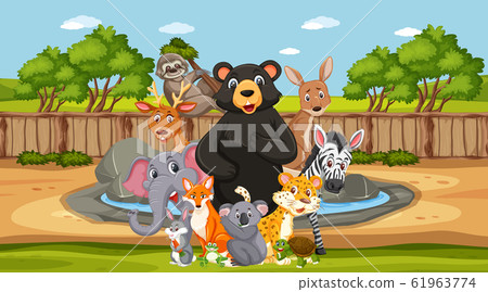 Scene with wild animals in the zoo at day time - Stock Illustration ...
