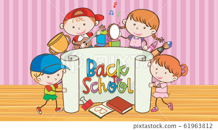 Back to school sign with many happy kids Back to school sign with many happy kids 61963812