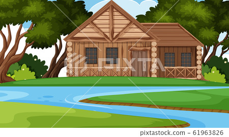 Scene with wooden cottage in the field Scene with wooden cottage in the field 61963826