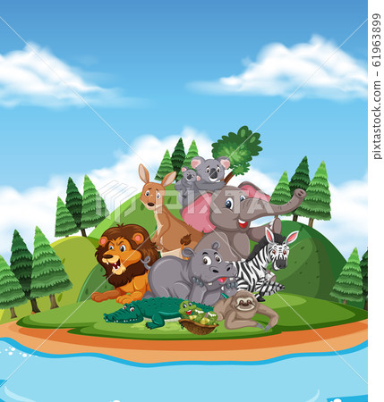 Scene with many wild animals in the park - Stock Illustration [61963899 ...