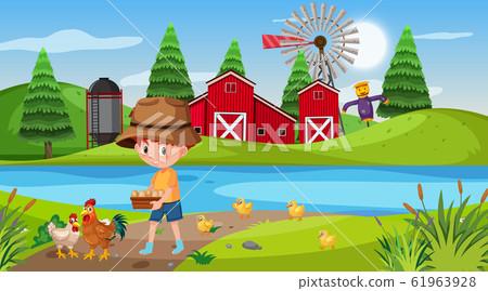 Farm scene with boy and chickens - Stock Illustration [61963928] - PIXTA